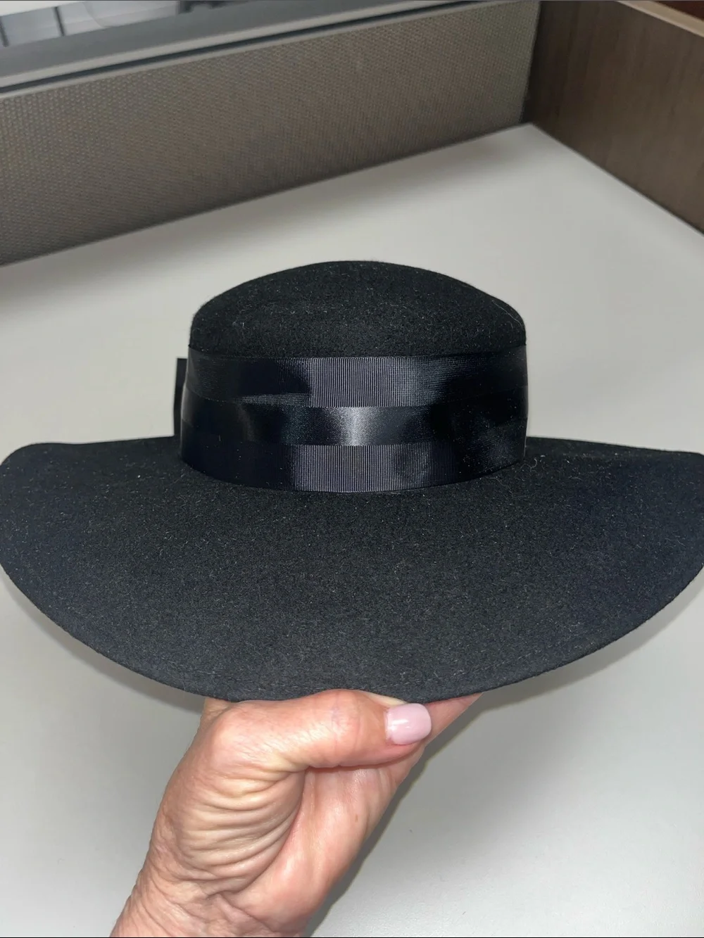 Michael Howard’s 100% Wool Black Wide-Brim Hat with Satin Ribbon